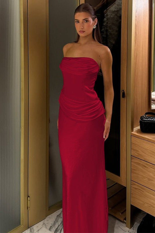 Satin Strapless Ruched Maxi Formal Dress - View 5
