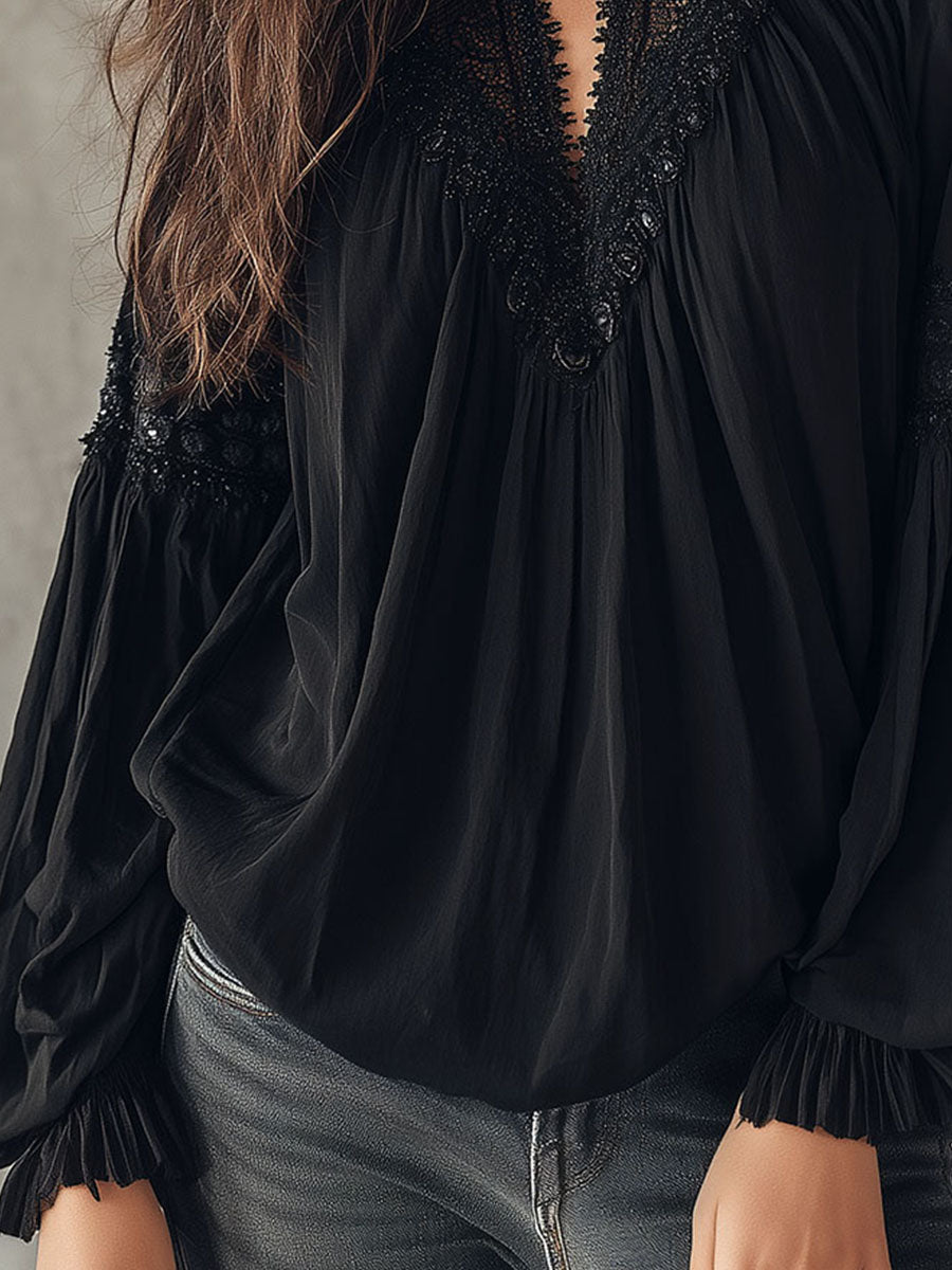 Black Lace Blouse – Vintage Boho Long-Sleeve Top With V-Neck And Puff Sleeves - Fashionpara