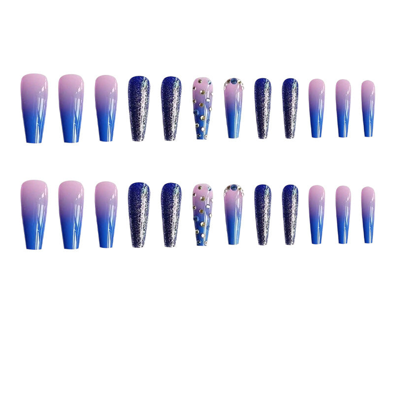 24pcs Long Coffin Rhinestone Decor Gradient Fake Nail & 1sheet Tape
