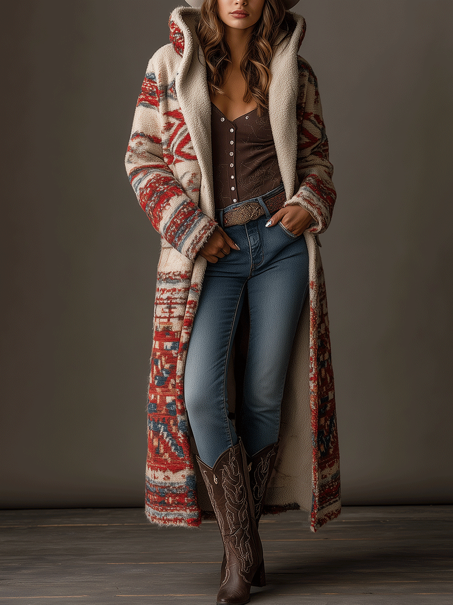 Bohe Tribal Pattern Long Sherpa Hooded Maxi Coat - Fashionpara