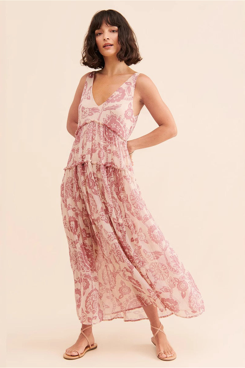 Floral Print V-Neck Tiered Chiffon Maxi Dress 7