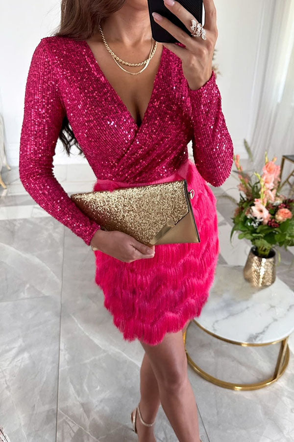 Sequin Deep V-Neck Long Sleeve Tassel Fringe Mini Dress - View 3