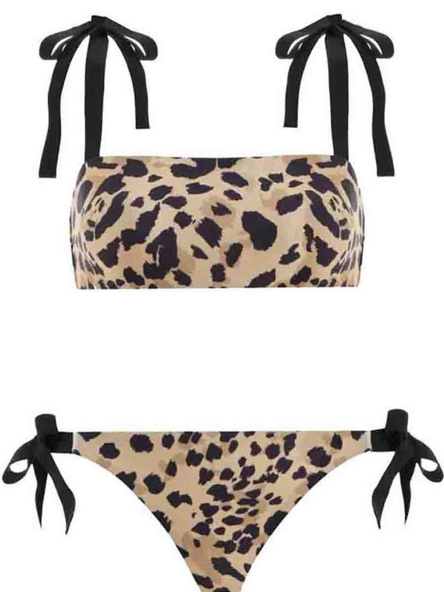 Self Tie Bandeau Leopard Print Two Pieces Swimsuit - Fashionpara