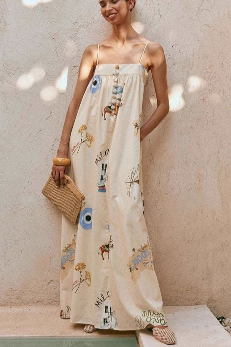 Linen Blend Sling Backless Loose Holiday Maxi Dress - Fashionpara