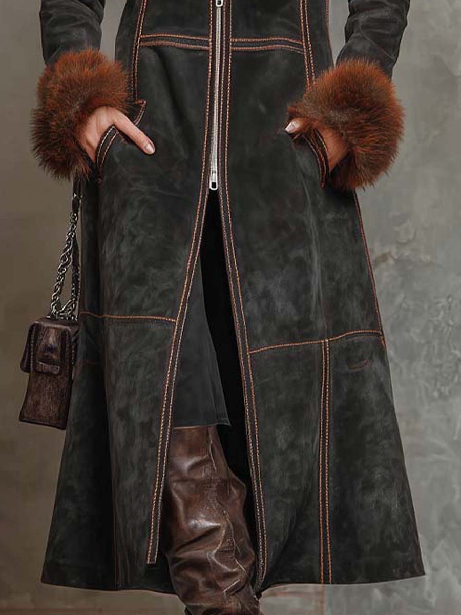 Understated Bohemian Vintage Olive-brown Faux Suede Long Coat With A Fur Collar