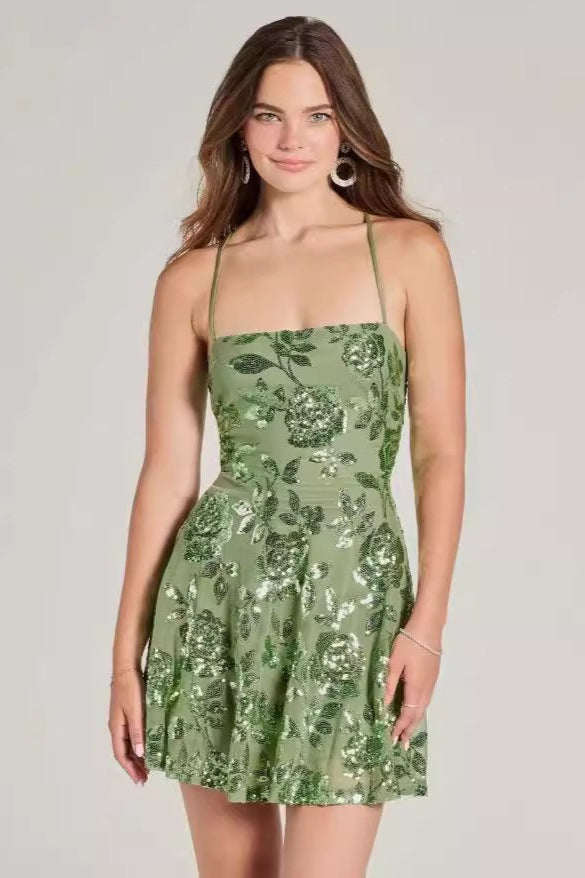 Floral Sequin Square Neck Spaghetti Strap Fit and Flare Mini Dress