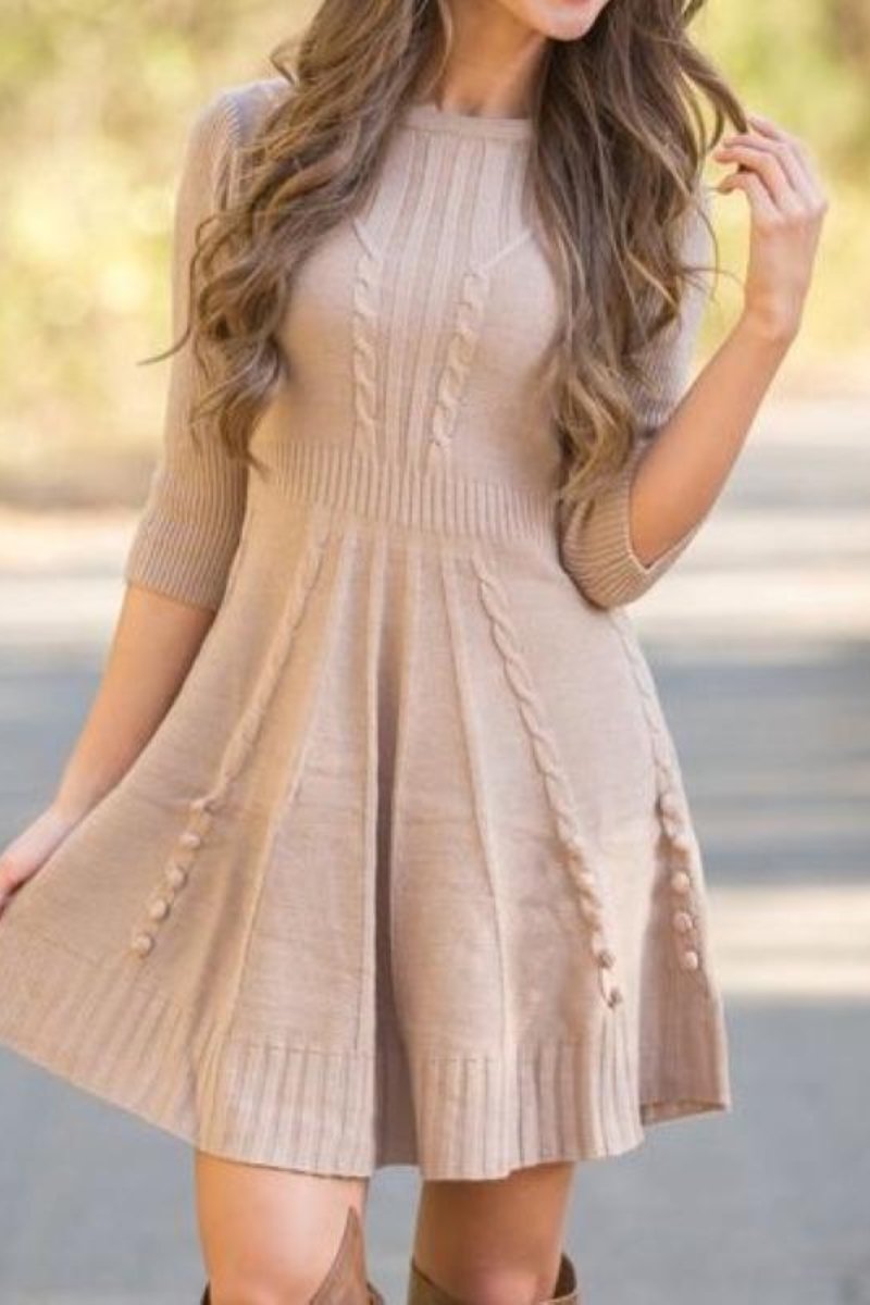 Solid Cable-knit Round Neck Casual 7-sleeve Sweater Dress