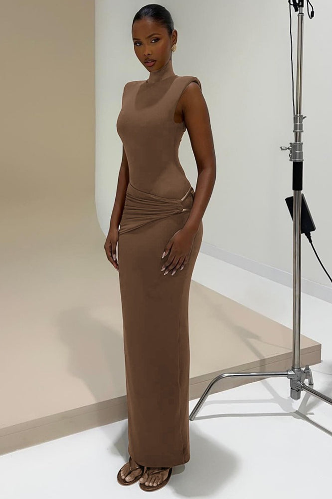 Sleeveless High Neck Ruched Bodycon Maxi Dress
