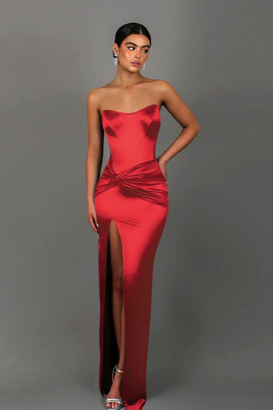 Satin Strapless Corset Twist Front High Split Maxi Gown