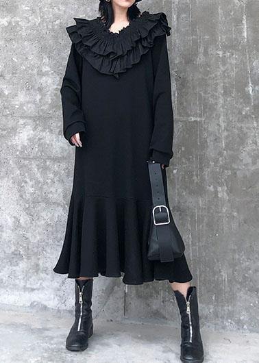 Tiered Ruffle Collar Long Sleeve Ribbed Cuff Flounce Hem Midi Dress - View 2