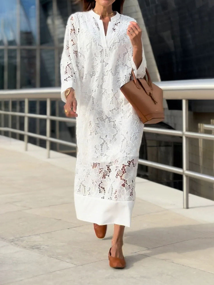 Eyelet Lace Long Sleeve Standing Collar Wide Hem Band Maxi Dress - View 9