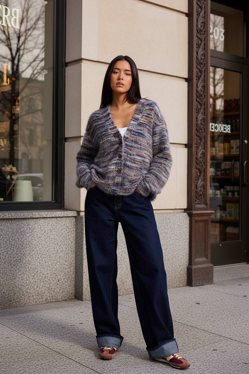 New Retro Fashion Deep V-Neck Maillard Plush Long-Sleeve Knit Cardigan - Fashionpara