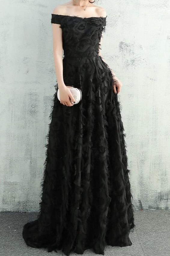 Feather Fringe Off Shoulder A-Line Formal Gown - View 8