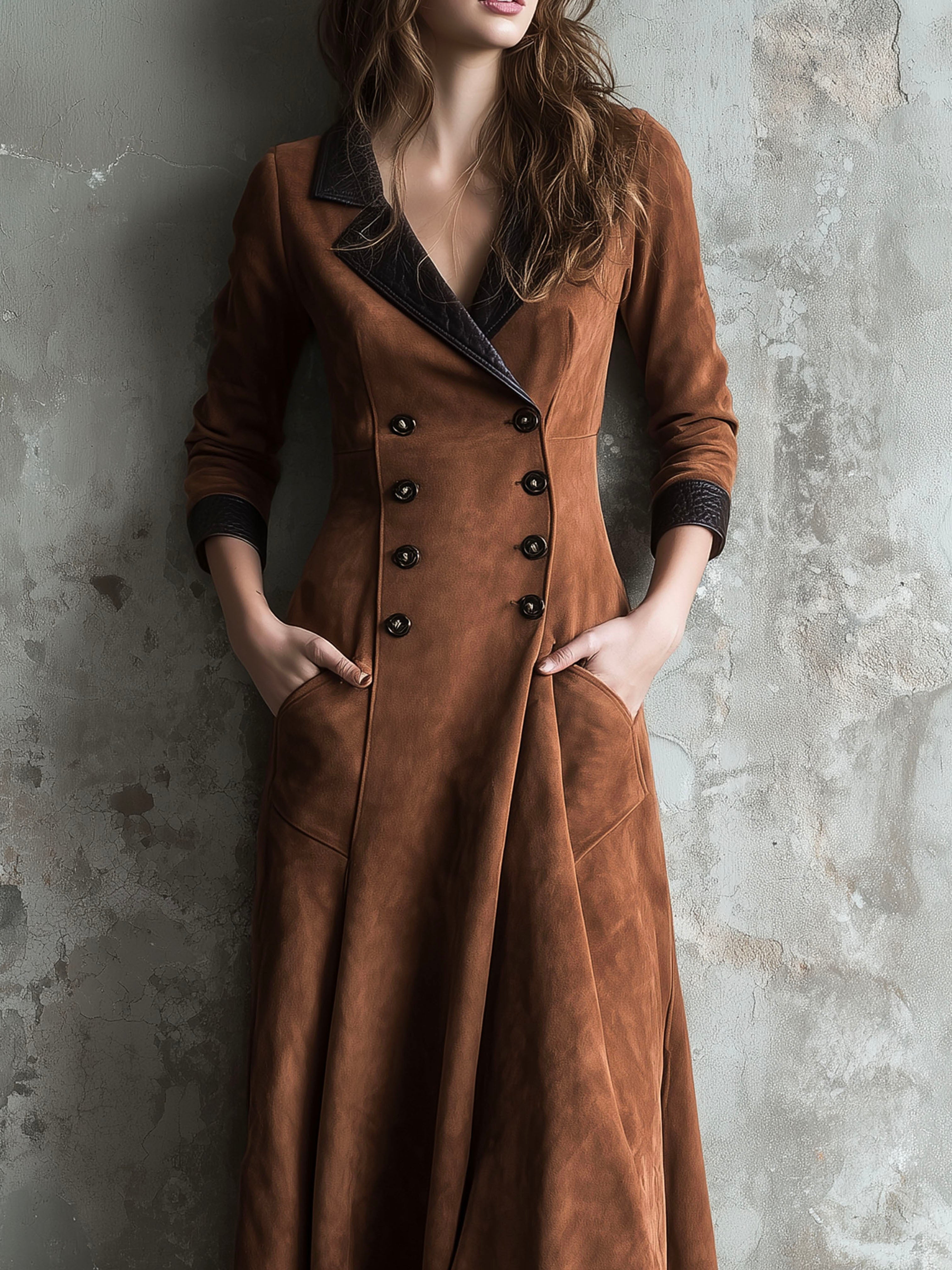 Vintage Lapel Collar Double-Breasted Eco Suede Long Coat Dress