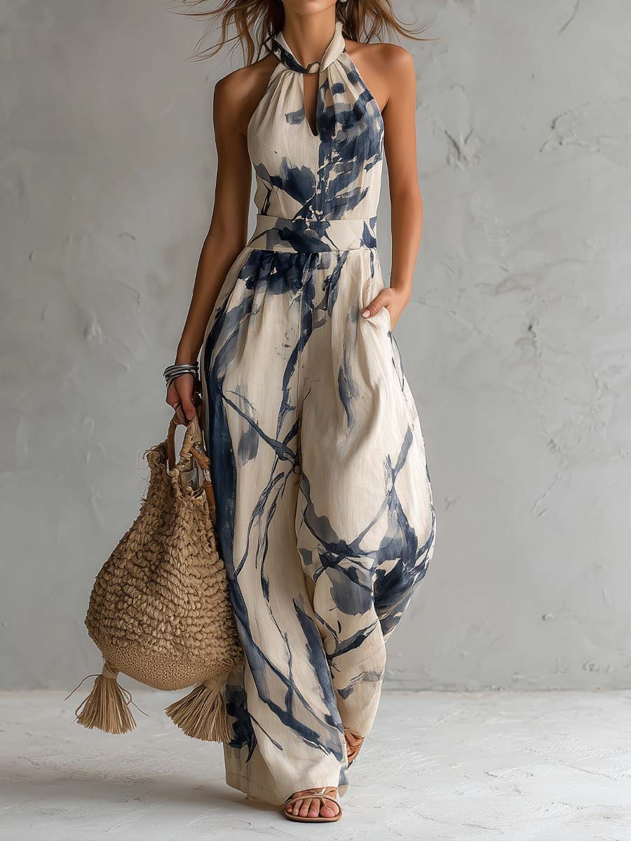 Ink Print Halter Neck Wide Leg Jumpsuit 2
