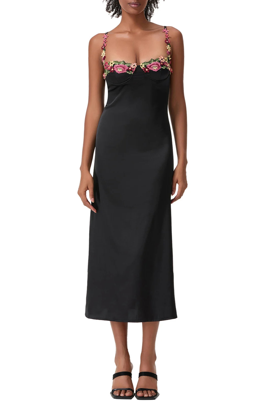 Satin Sweetheart Spaghetti Strap Floral Embroidery Bodycon Midi Dress - View 7