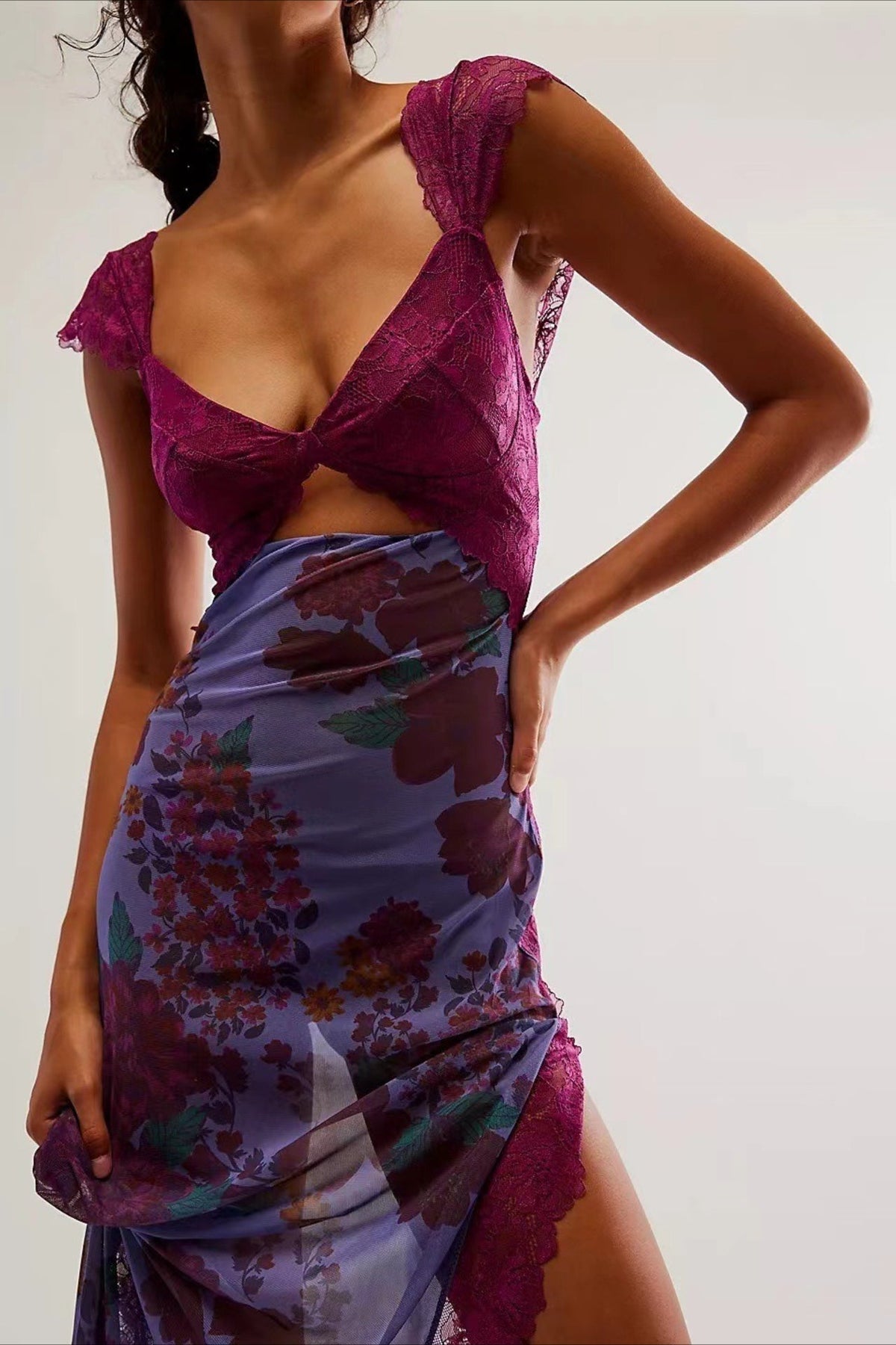 Lace Patchwork Strap Backless High Split Maxi Dress - View 4