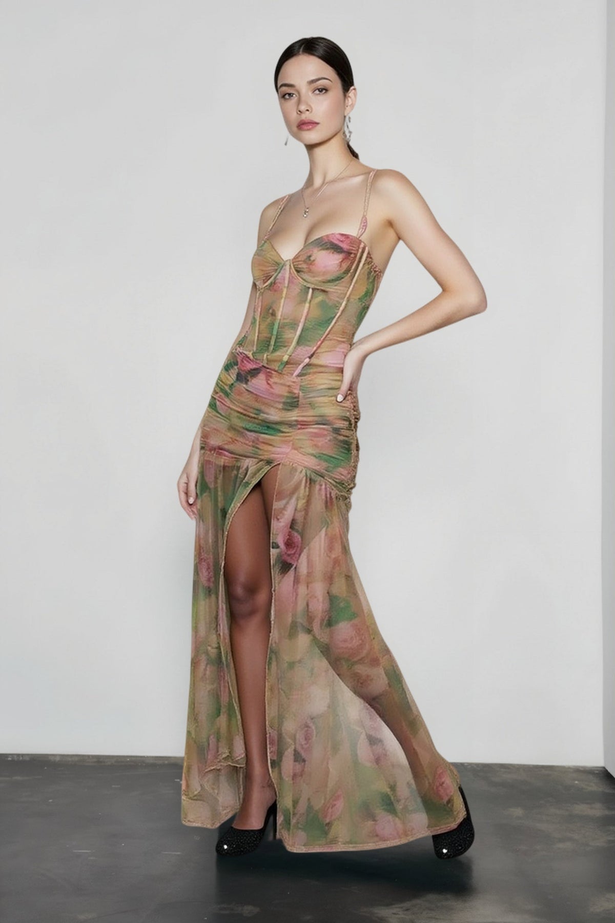 Floral Mesh Corset Ruched High Split Maxi Dress