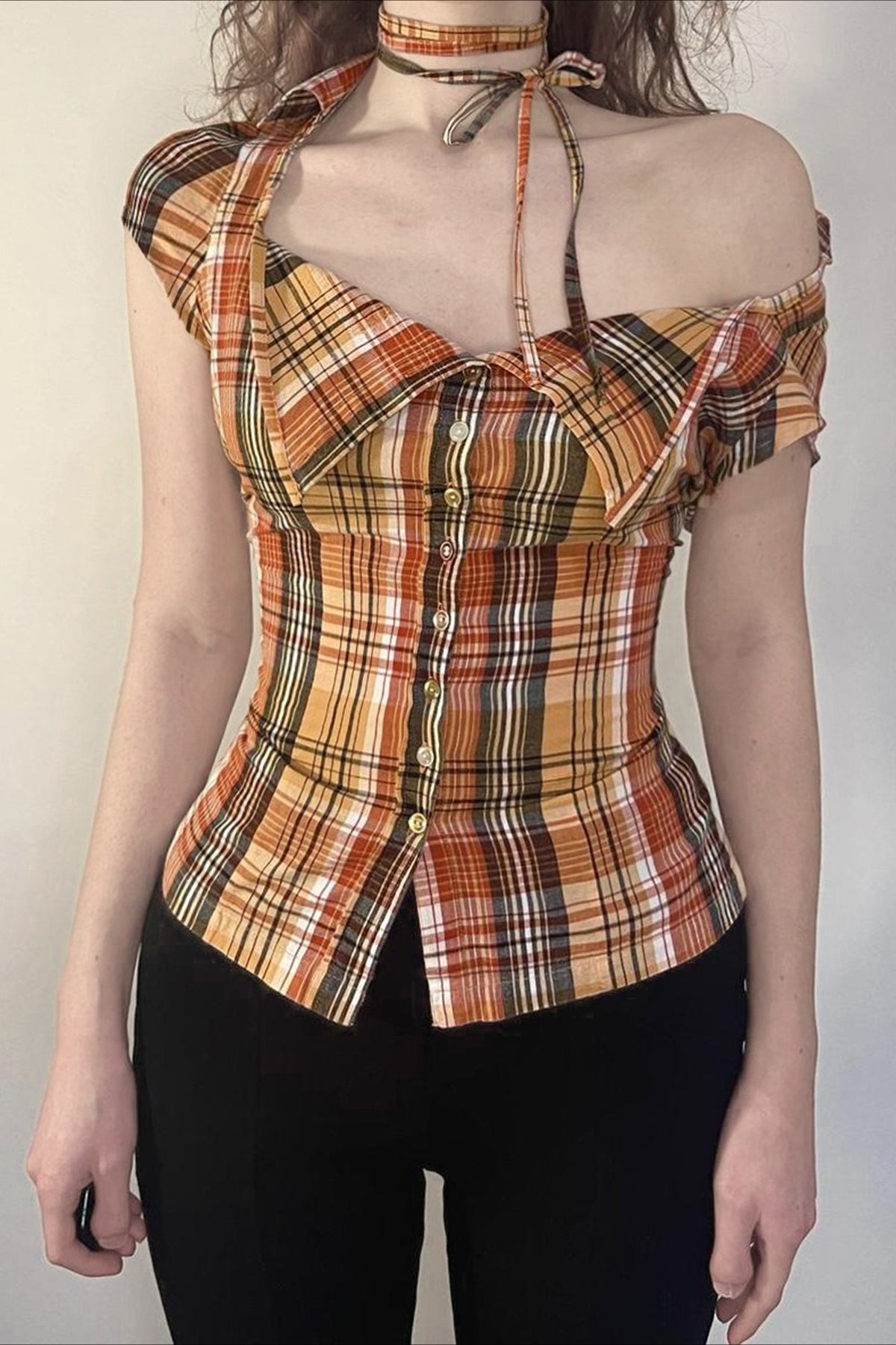 Plaid Fitted Waist Tie Neck Short Button Front Blouse