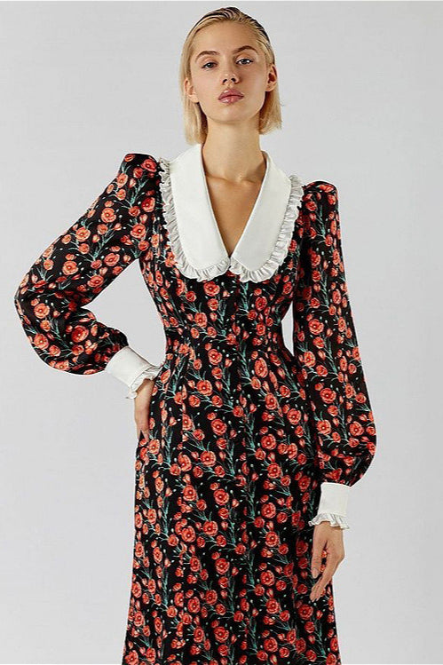 Floral Print Collared Long Sleeve Maxi Dress