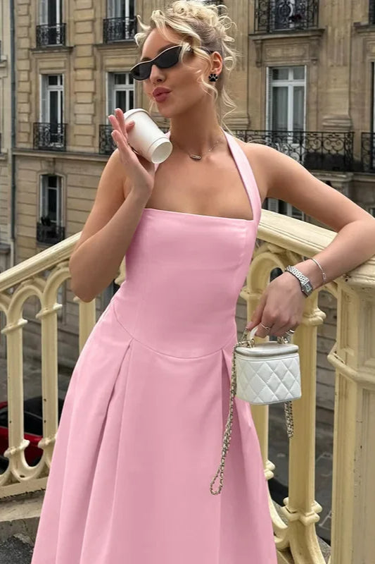 Linen-Look Halter Neck Pleated A-Line Midi Dress