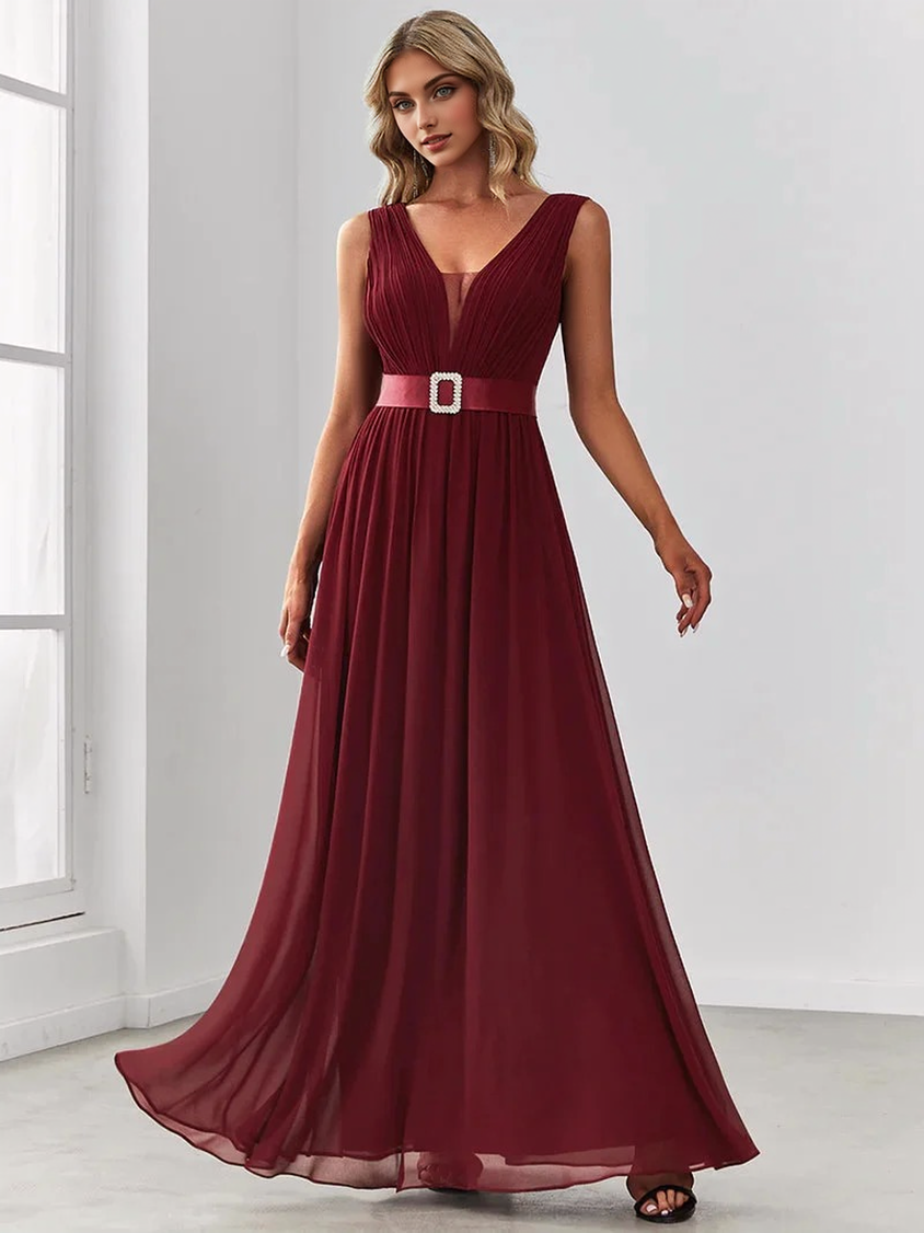 Chiffon V-Neck Sleeveless Belted Pleated A-Line Gown 2