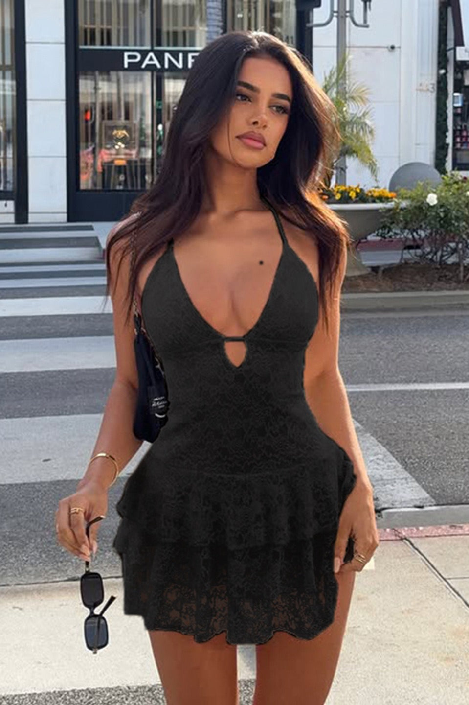Lace Halter Neck Deep V-Neck Tiered Ruffle Mini Dress in White - View 3
