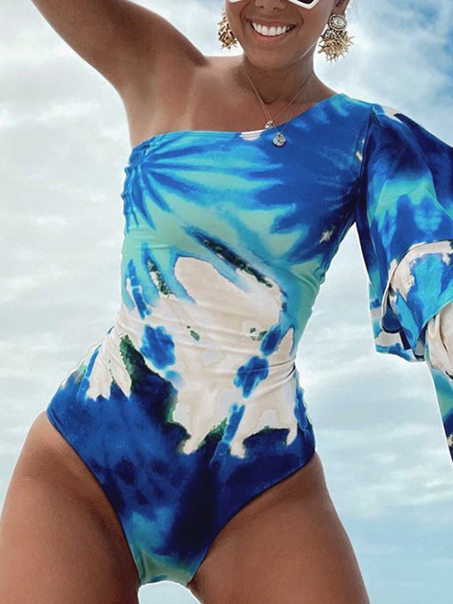 One Shoulder Long Sleeve Tie Dye Printed One Piece Swimsuit - Fashionpara