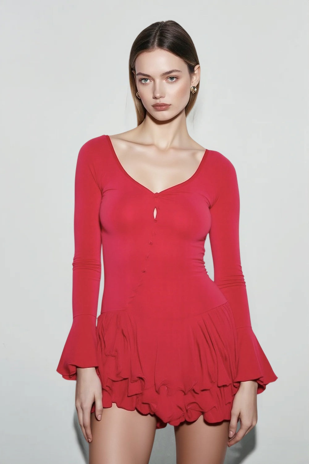 V-Neck Long Sleeve Button Front Drop Waist Ruffle Mini Dress