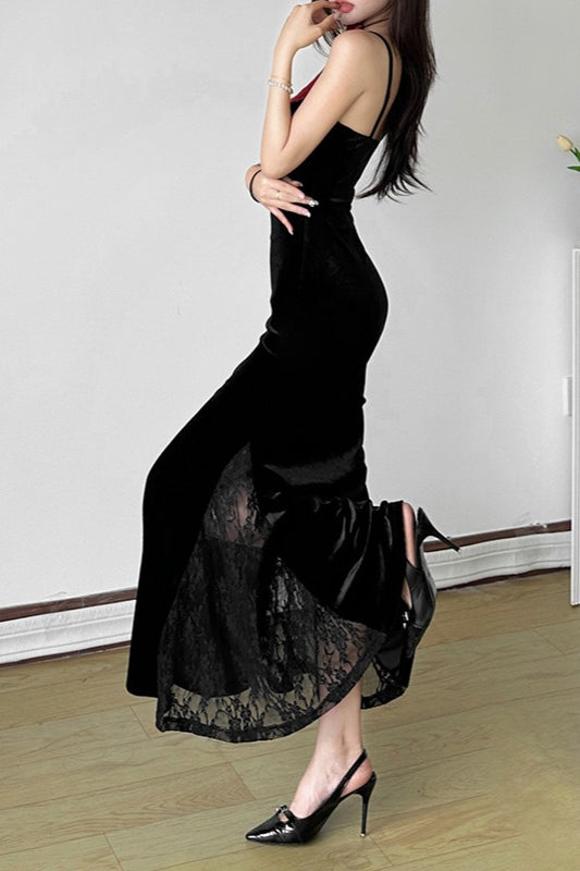 Velvet Lace-Trim Spaghetti Strap Mermaid Maxi Dress 3
