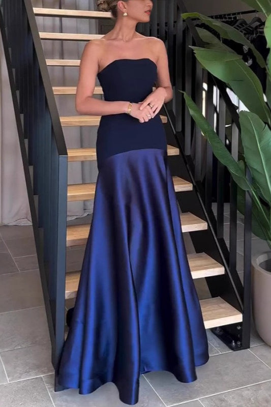 Strapless Satin Paneled A-Line Gown - View 5