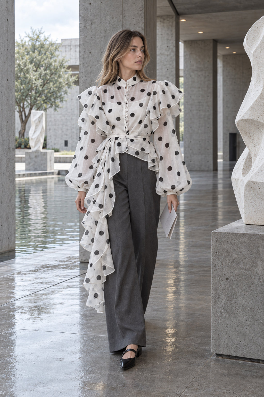 Dot Ruffled Tie Stand Collar Blouse