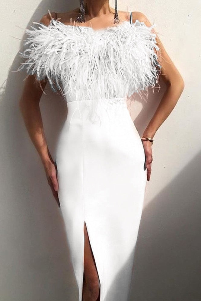 Feather-Trim Bustier Thigh-Split Bodycon Maxi Dress 4