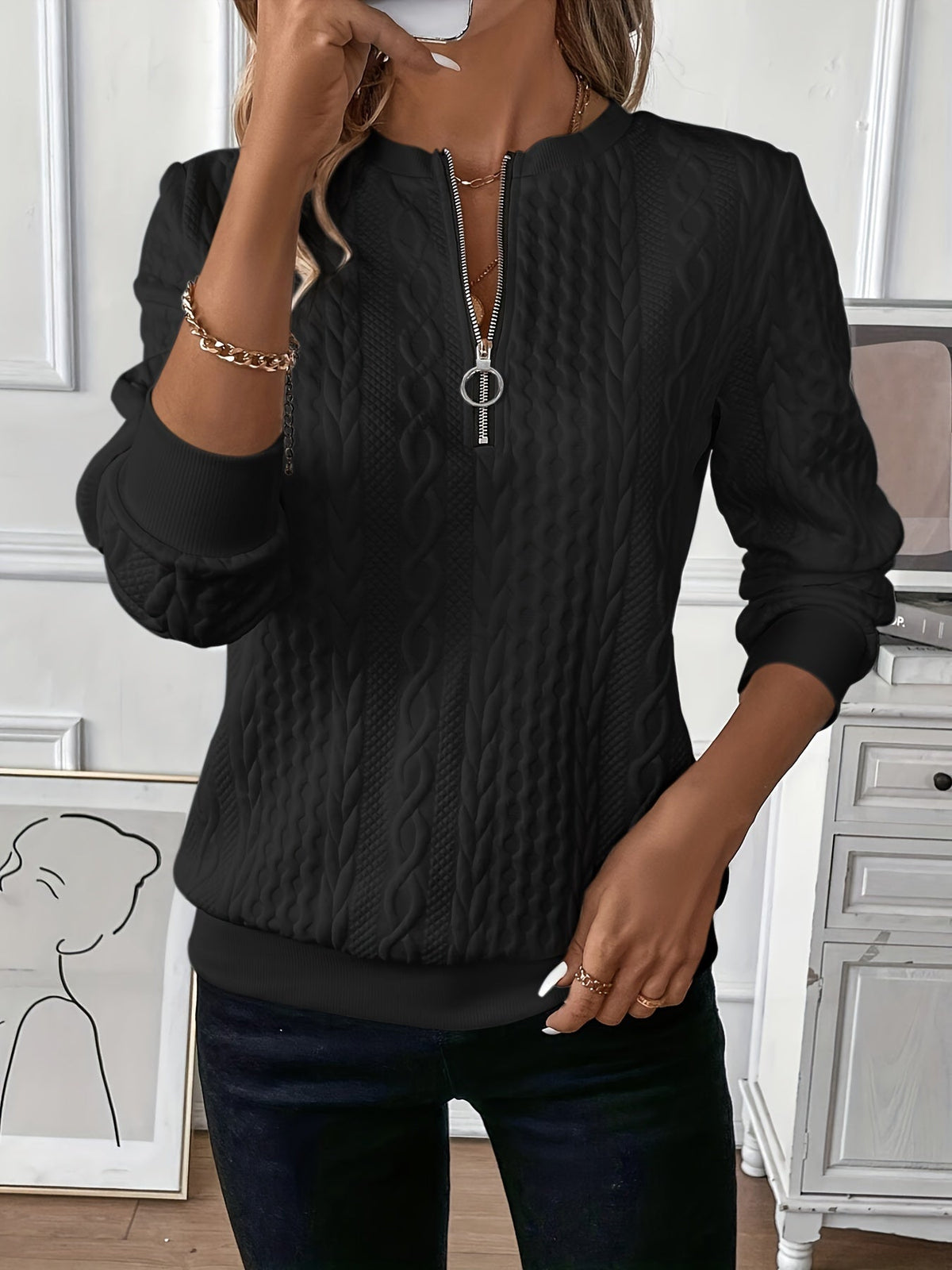 Quarter Zip Cable Knit Pullover Sweater 7