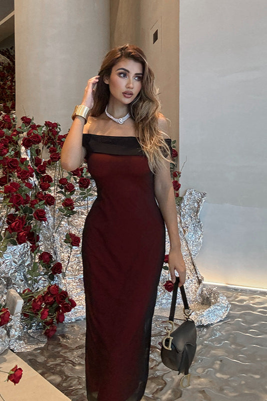 Off-Shoulder Mesh Colorblock Bodycon Party Dress - Fashionpara