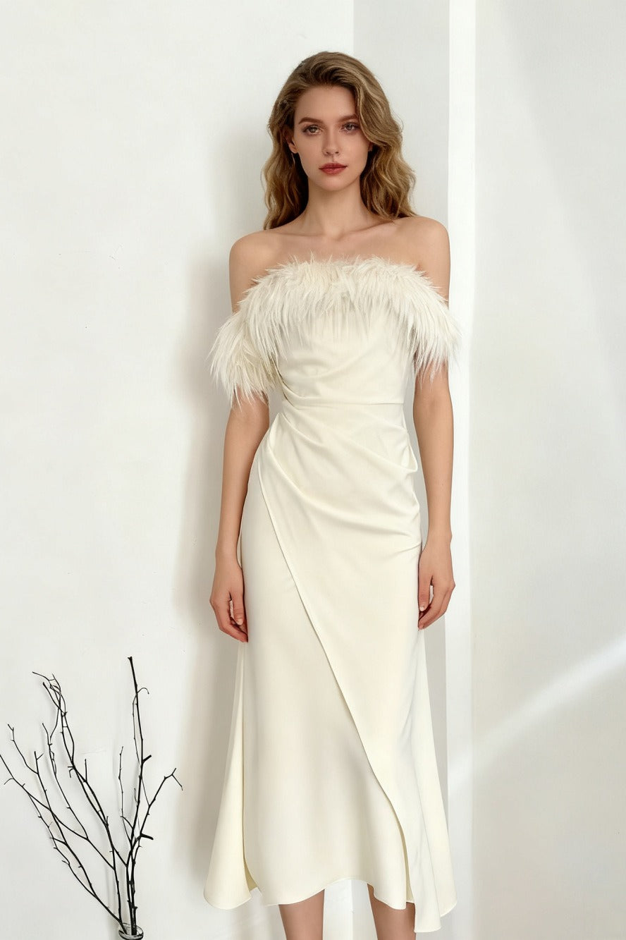 Satin Strapless Feather Trim Ruched Wrap Midi Dress