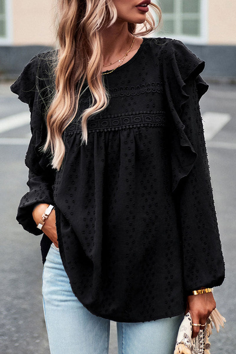Long Sleeve Ruffle Round Neck Casual Tops - Fashionpara