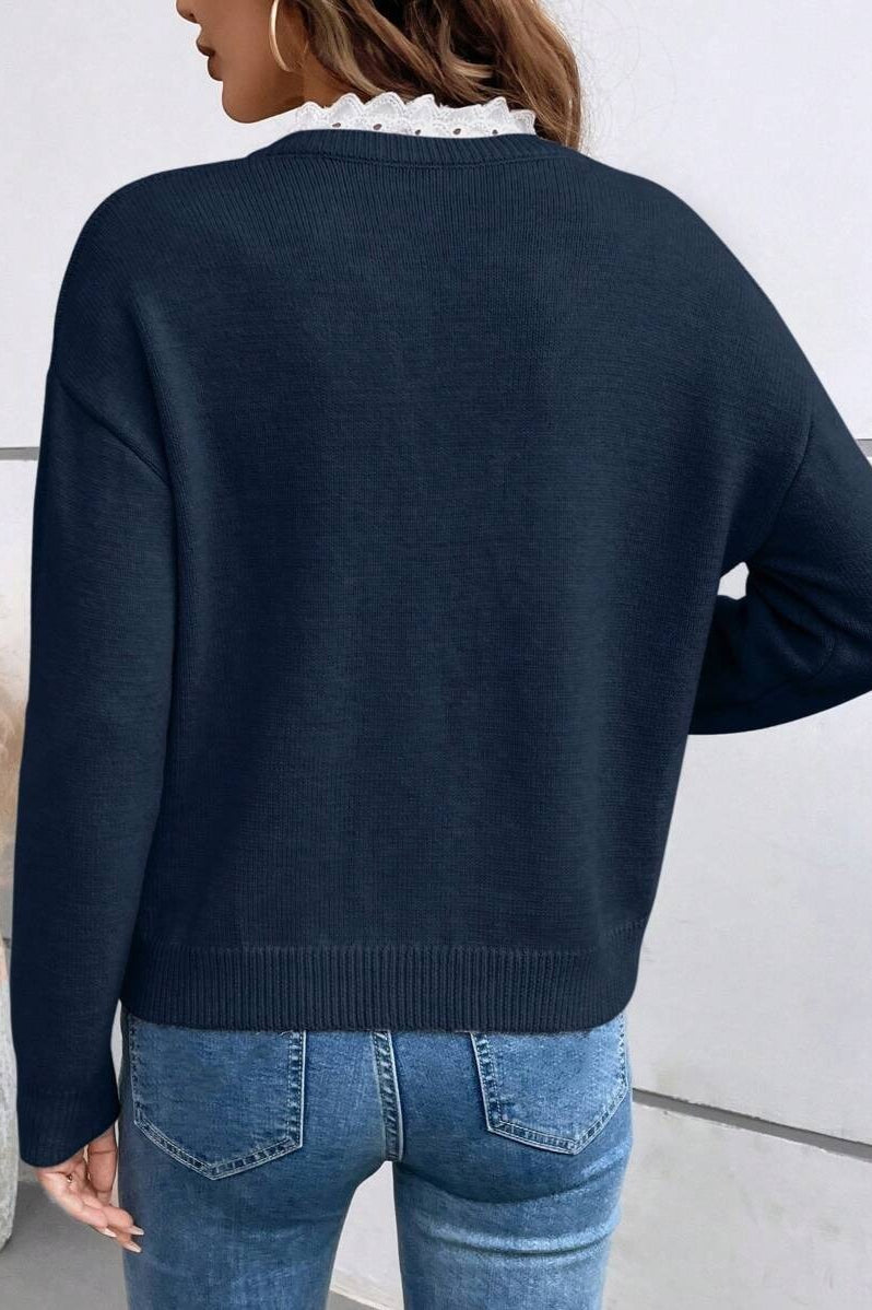 Scalloped Lace V Neck Pullover Knit Sweater