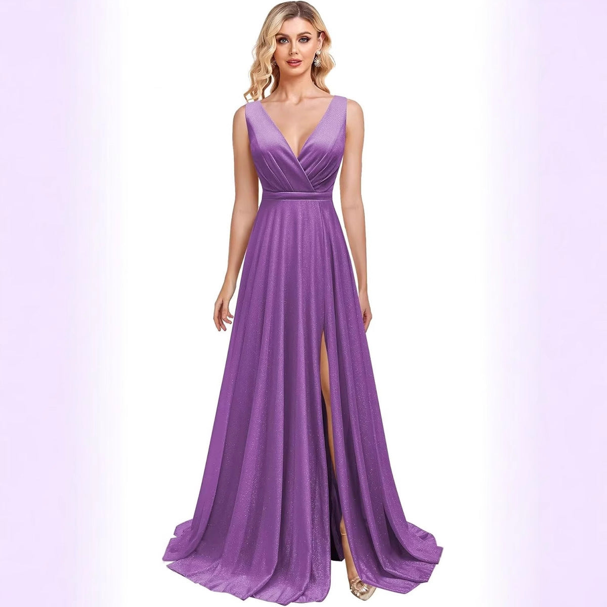 Sequin Surplice Deep V-Neck Sleeveless High Split A-Line Maxi Gown