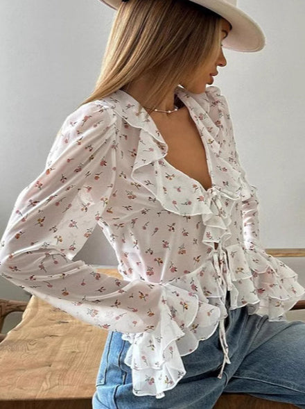 Floral Ruffled V-Neck Slim Fit Blouse