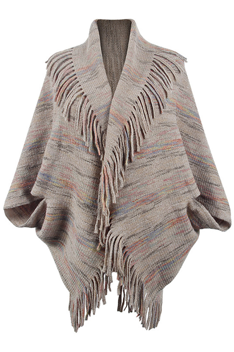 Color Striped Fringed Knit Shawl Sweater - Fashionpara
