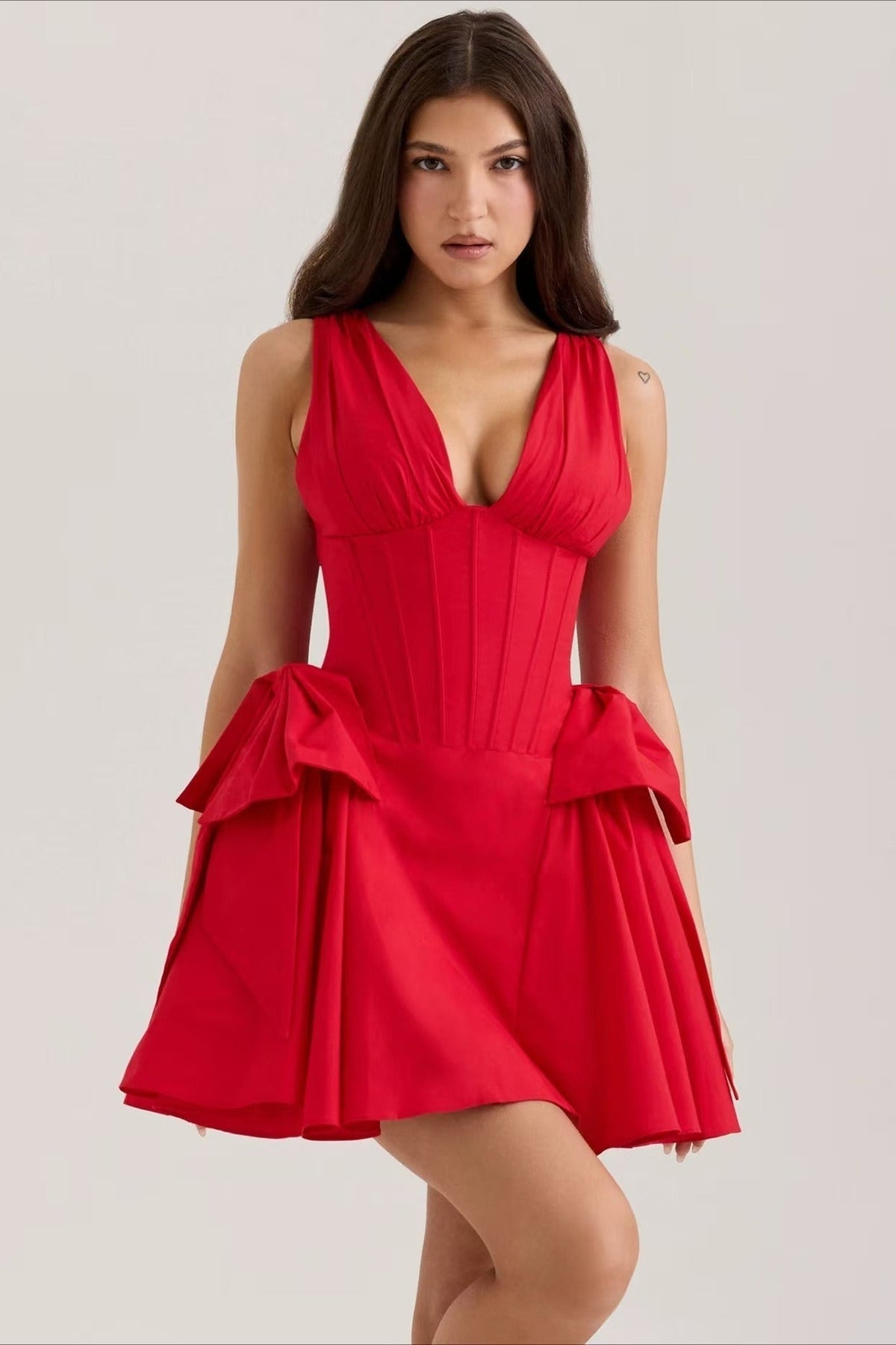 V-Neck Corset Pleated Fit & Flare Mini Dress