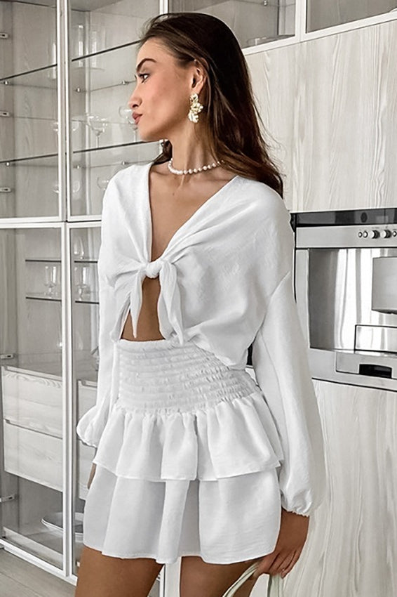 Tie-Front Puff Sleeve Crop Top & Tiered Skirt Set