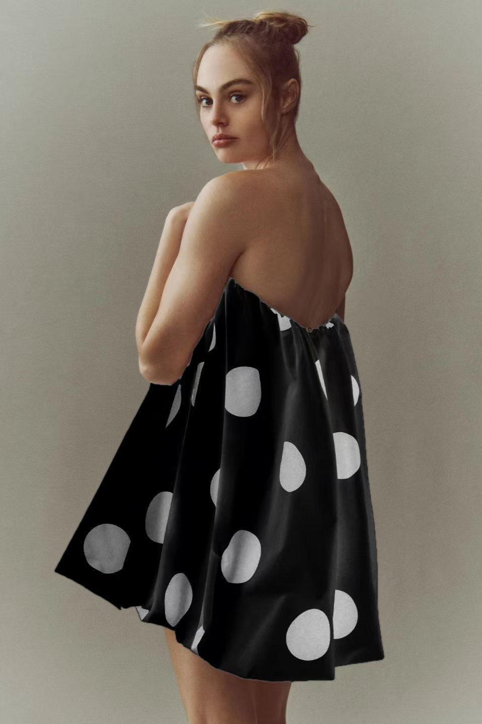 Polka Dot Print Strapless Bubble Hem Mini Dress