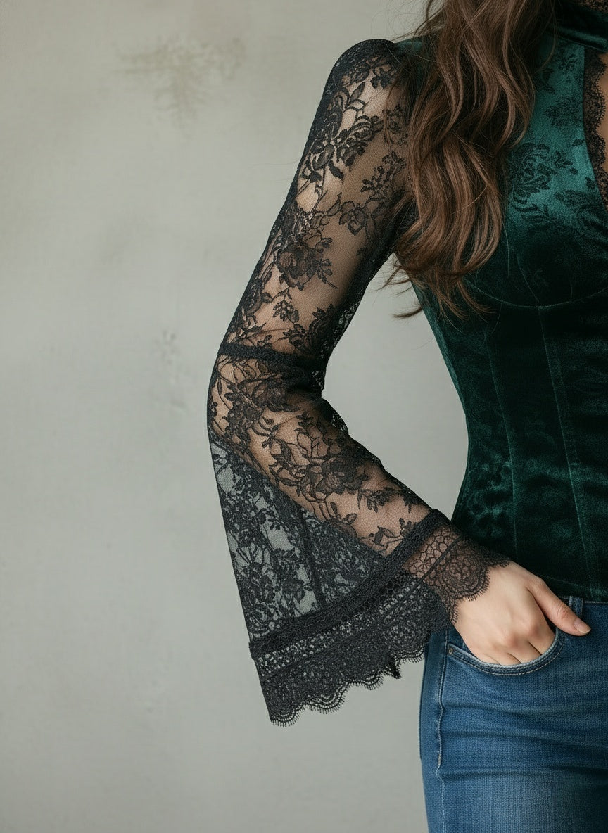 Emerald Victorian Lace & Velvet Blouse - Fashionpara