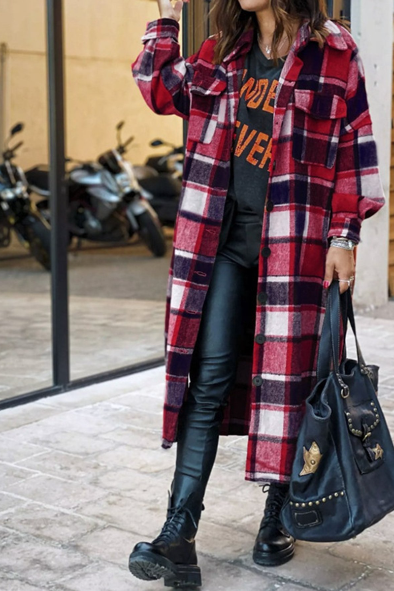Lapel Plaid Slit Long Woolen Coat