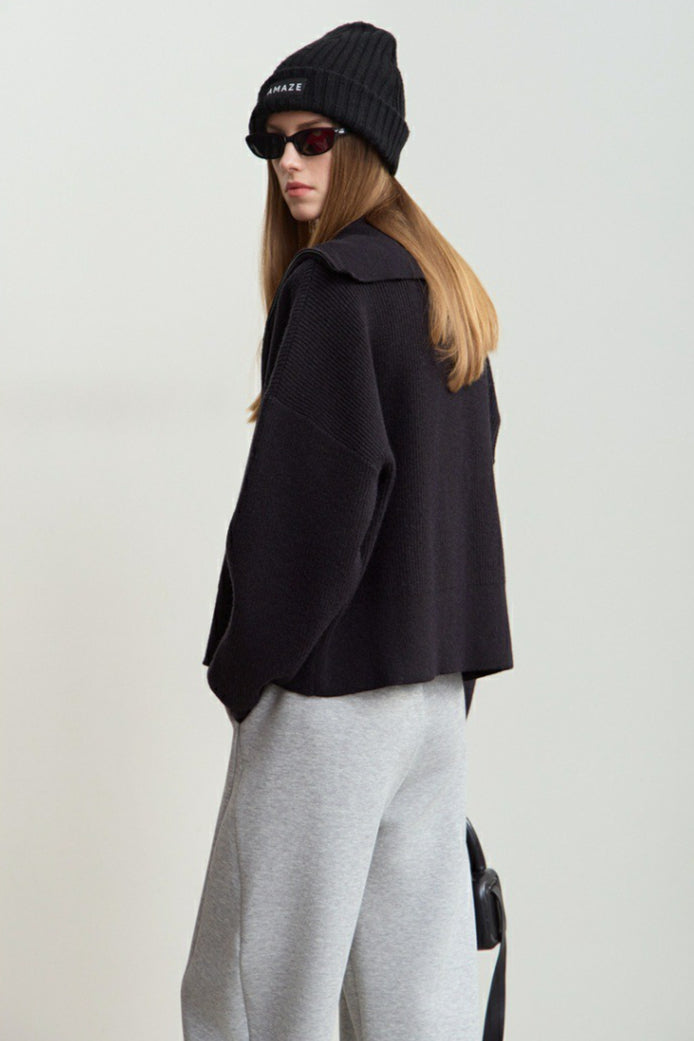 Thick Knit Zip Cardigan with Naval Collar for Cozy Elegance