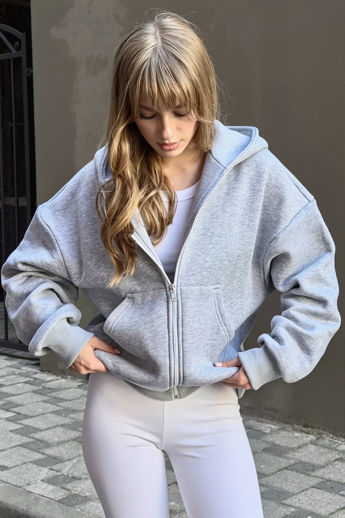 Solid Oversized Zip Up Hoodie
