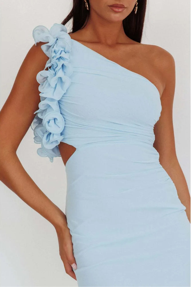 One Shoulder Floral Trim Ruched Bodycon Midi Dress