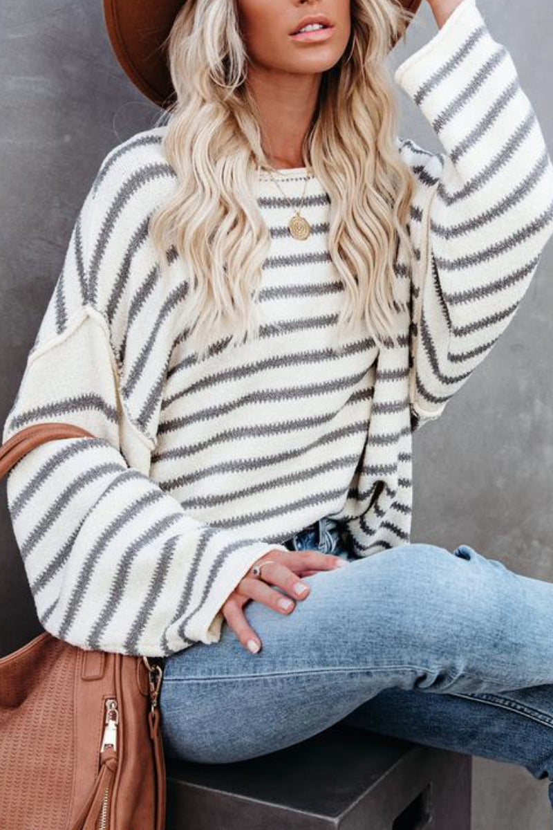 O Neck Striped Loose White Sweater  Fashionpara